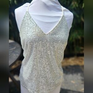 V-Neck Spaghetti Strap Silver Sequin Camisole Tank Top Lined Size M